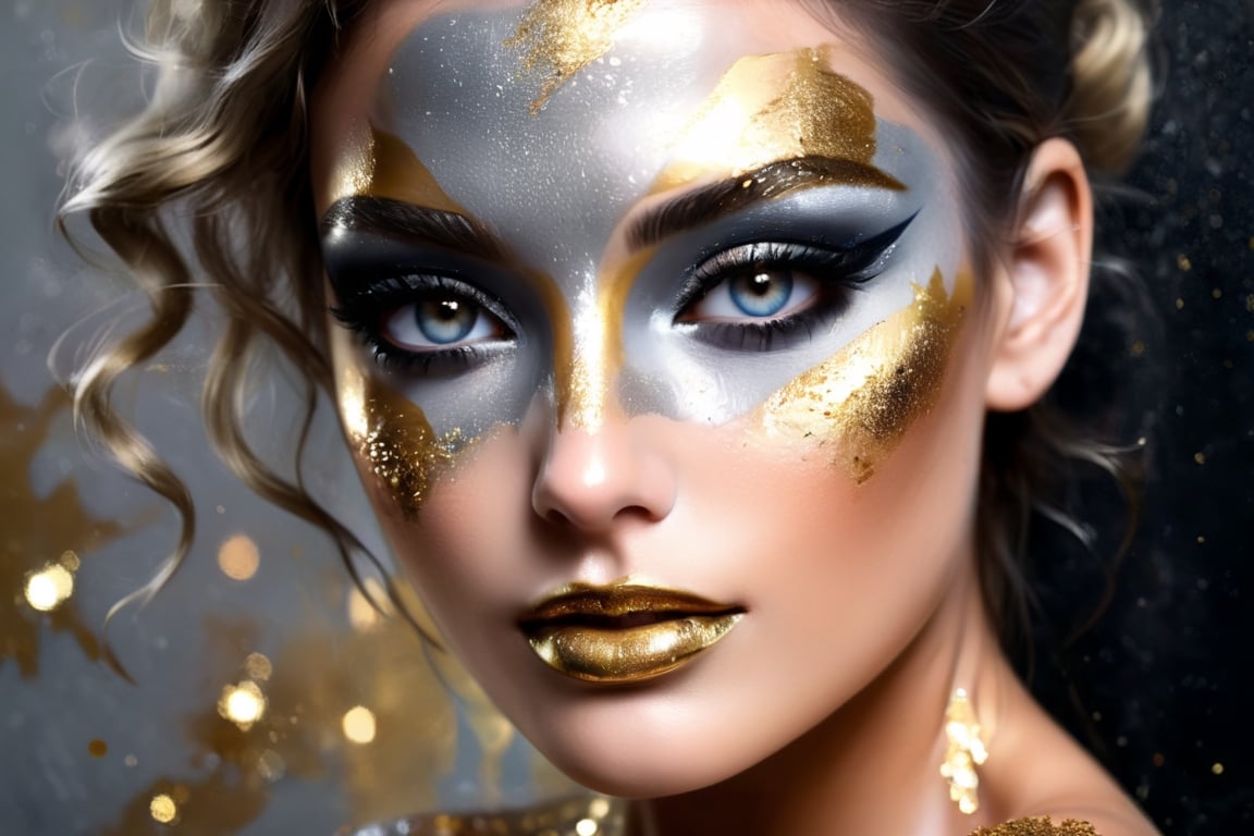 silver and gold, abstract nude beauty, realistic beautiful woman, painted face and body, metalic glitter, face and upper body portrait,DonML1quidG0ldXL ,more detail XL,(PnMakeEnh)