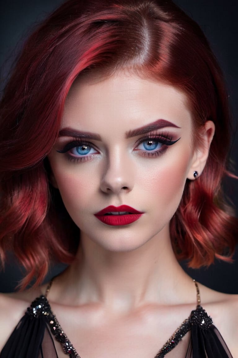 Create a digital portrait  of beautiful women looking annoyed at viewer, wearin black transparent dress, black neclase with red ruby, red lips, pale face , red hair, short hair, strong make up, age 25 , blue eyes, dark eyebrows, cute smal nose, wavy hair,perfect lighting, detailed face, black background ,photo r3al