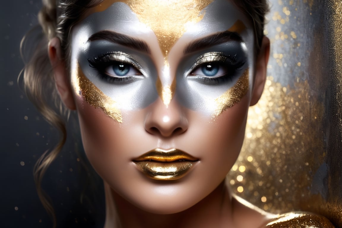 silver and gold, abstract nude beauty, realistic beautiful woman, painted face and body, metalic glitter, face and upper body portrait,DonML1quidG0ldXL ,more detail XL,(PnMakeEnh)