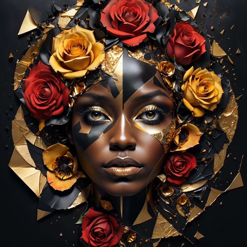 Ultra detailed artistic abstract photography of black skinned woman's face (geometrical), golden, red roses, detailed symmetric circular iris, shattered paper fragments, inspired by Alberto Seveso, abstract art style, intricate complex watercolor painting, sharp eyes, digital painting, color explosion, ink drip, mix gold and black colors, Concept art, volumetric lighting, metallic reflections, 8k, concept photography, 
