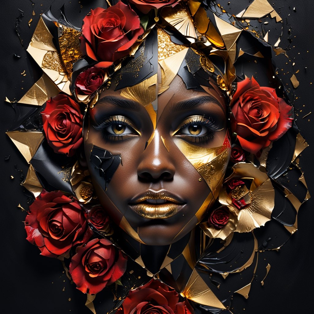 Ultra detailed artistic abstract photography of black skinned woman's face (geometrical), golden, red roses, detailed symmetric circular iris, shattered paper fragments, inspired by Alberto Seveso, abstract art style, intricate complex watercolor painting, sharp eyes, digital painting, color explosion, ink drip, mix gold and black colors, Concept art, volumetric lighting, metallic reflections, 8k, concept photography, 
