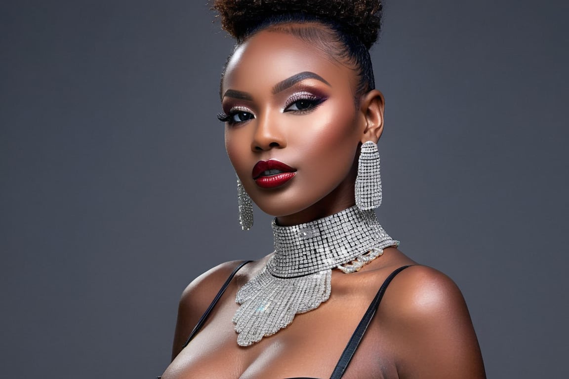 high fashion woman, 30 years, (masterpiece, top quality, best quality, official art, beautiful and aesthetic:1.2), (half body shot) ,(black skinned),(enhanced fake rounded breasts 32D), ((breasts out)1.5), show boobs, (detailed realistic nipple visible), colourful face makeup, (red lips), colorful eyeshadow, glitter in the face ,extremely detailed, ,highest detailed, (dynamic pose), (blured dark background) ,(silver rhinestone tassle earrings), (silver rhinestone choker) , nude,