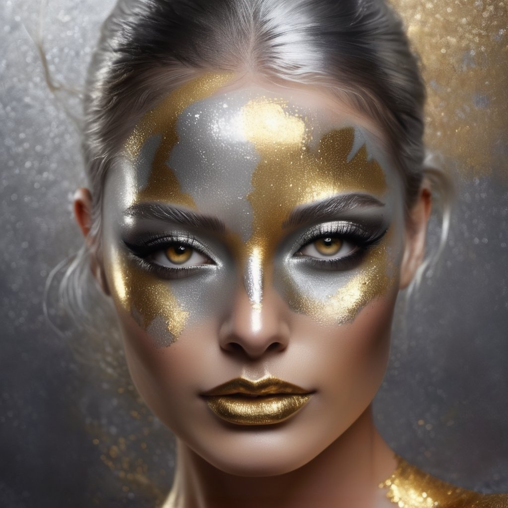 silver and gold, abstract nude beauty, realistic beautiful woman, painted face and body, metalic glitter, face and upper body portrait,DonML1quidG0ldXL ,more detail XL,(PnMakeEnh)