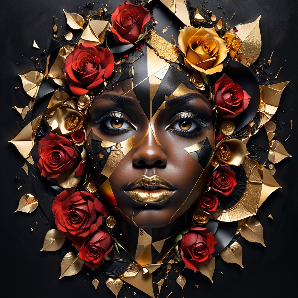 Ultra detailed artistic abstract photography of black skinned woman's face (geometrical), golden, red roses, detailed symmetric circular iris, shattered paper fragments, inspired by Alberto Seveso, abstract art style, intricate complex watercolor painting, sharp eyes, digital painting, color explosion, ink drip, mix gold and black colors, Concept art, volumetric lighting, metallic reflections, 8k, concept photography, the picture is framed 
