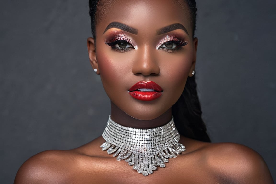 high fashion woman, 30 years, (masterpiece, top quality, best quality, official art, beautiful and aesthetic:1.2), (half body shot) ,(black skinned),(enhanced fake rounded breasts 32D), ((breasts out)1.5), show boobs, (detailed realistic nipple visible), colourful face makeup, (red lips), colorful eyeshadow, glitter in the face ,extremely detailed, ,highest detailed, (dynamic pose), (blured dark background) ,(silver rhinestone tassle earrings), (silver rhinestone choker) , nude,