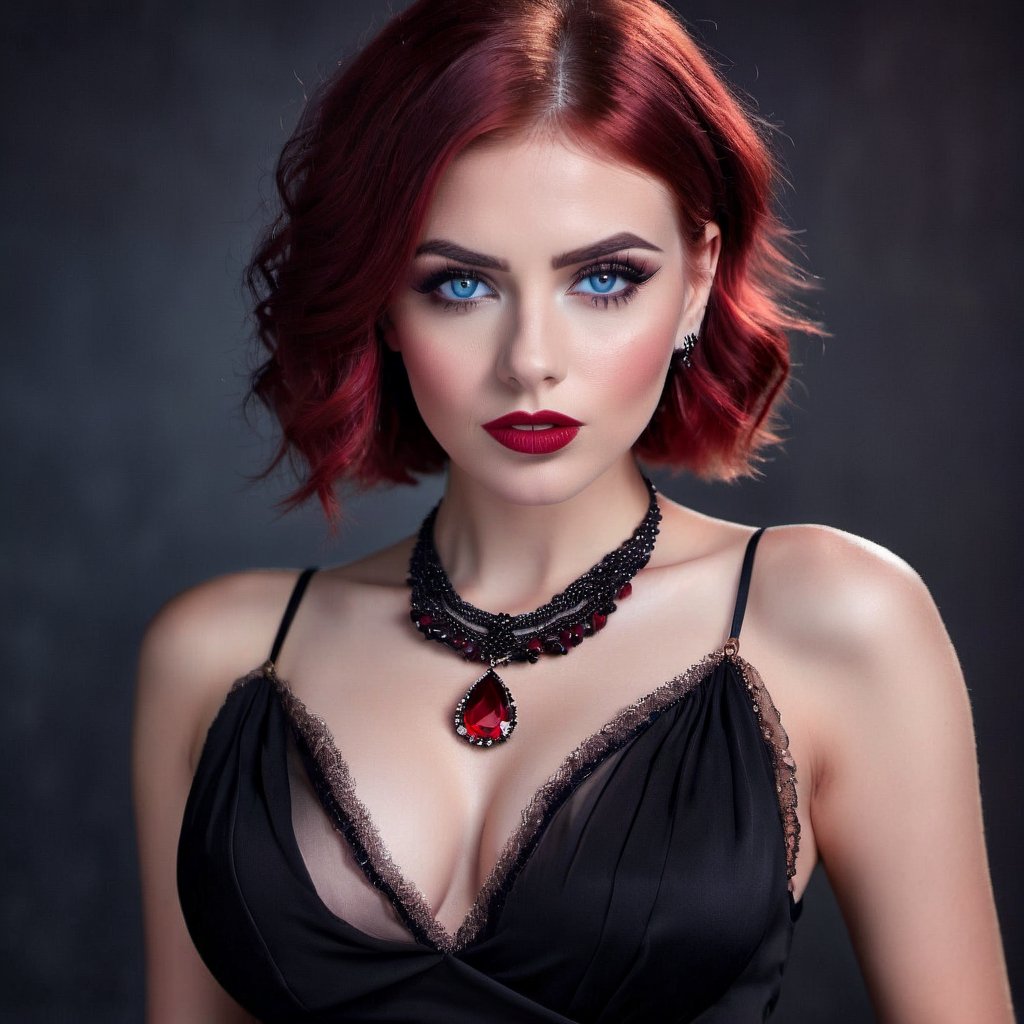 Create a digital portrait  of beautiful women looking annoyed at viewer, enhanced fake rounded breasts 32DD, wearing black transparent dress, black necklace with red ruby, red lips, pale face , red hair, short hair, strong make up, age 25 , blue eyes, smoky eyes, dark eyebrows, cute smal nose, wavy hair,perfect lighting, detailed face, black background ,photo r3al