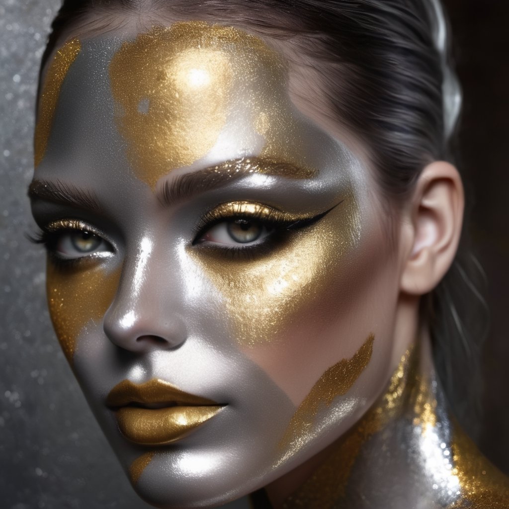 silver and gold, abstract nude beauty, realistic beautiful woman, painted face and body, metalic glitter, face and upper body portrait,DonML1quidG0ldXL ,more detail XL,(PnMakeEnh)