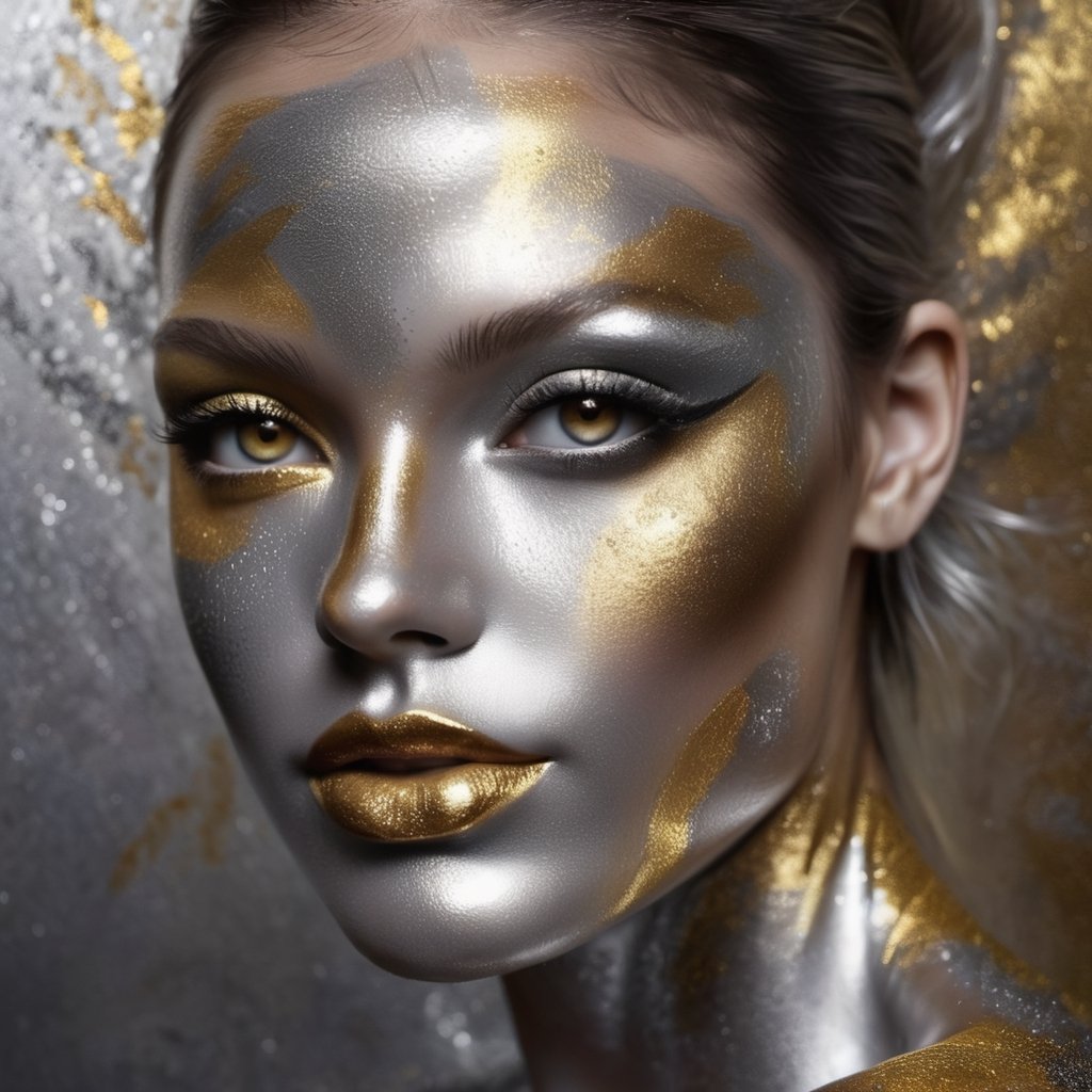 silver and gold, abstract nude beauty, realistic beautiful woman, painted face and body, metalic glitter, face and upper body portrait,DonML1quidG0ldXL ,more detail XL,(PnMakeEnh)