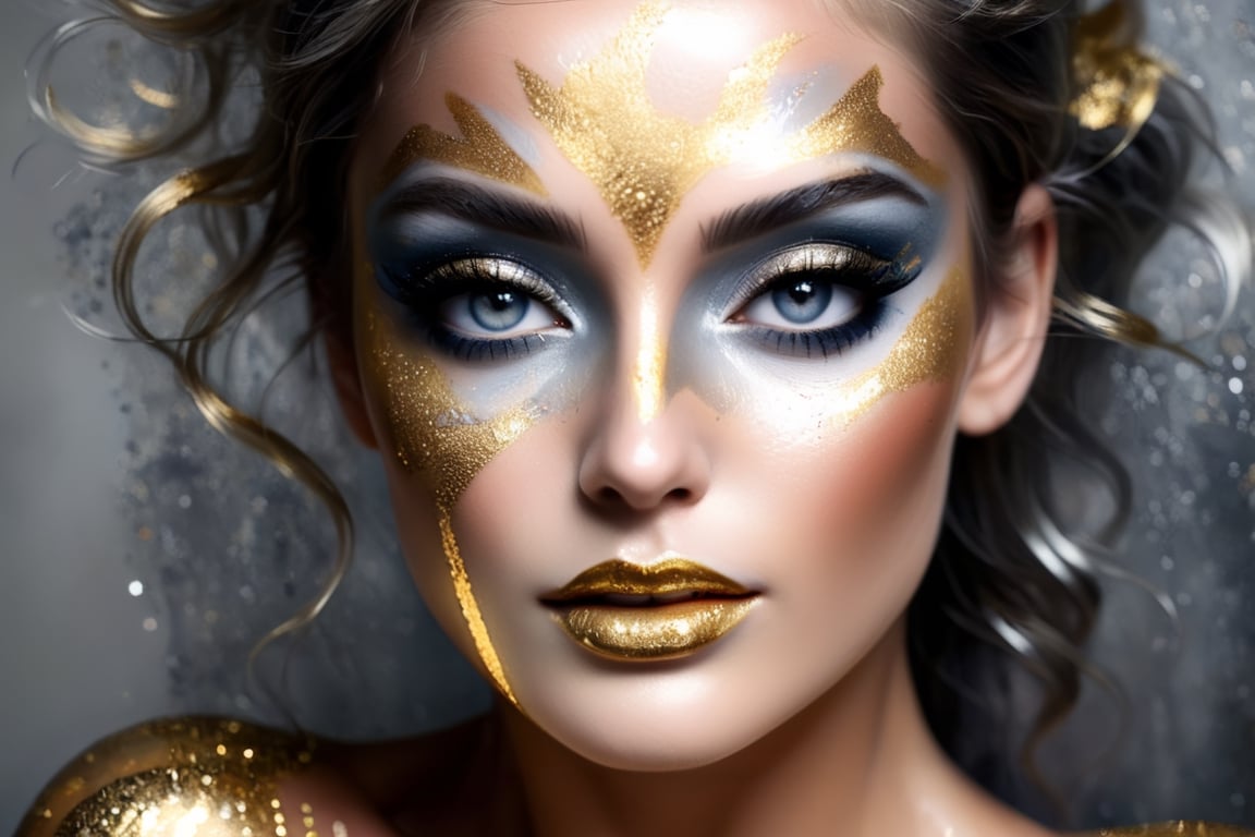 silver and gold, abstract nude beauty, realistic beautiful woman, painted face and body, metalic glitter, face and upper body portrait,DonML1quidG0ldXL ,more detail XL,(PnMakeEnh)