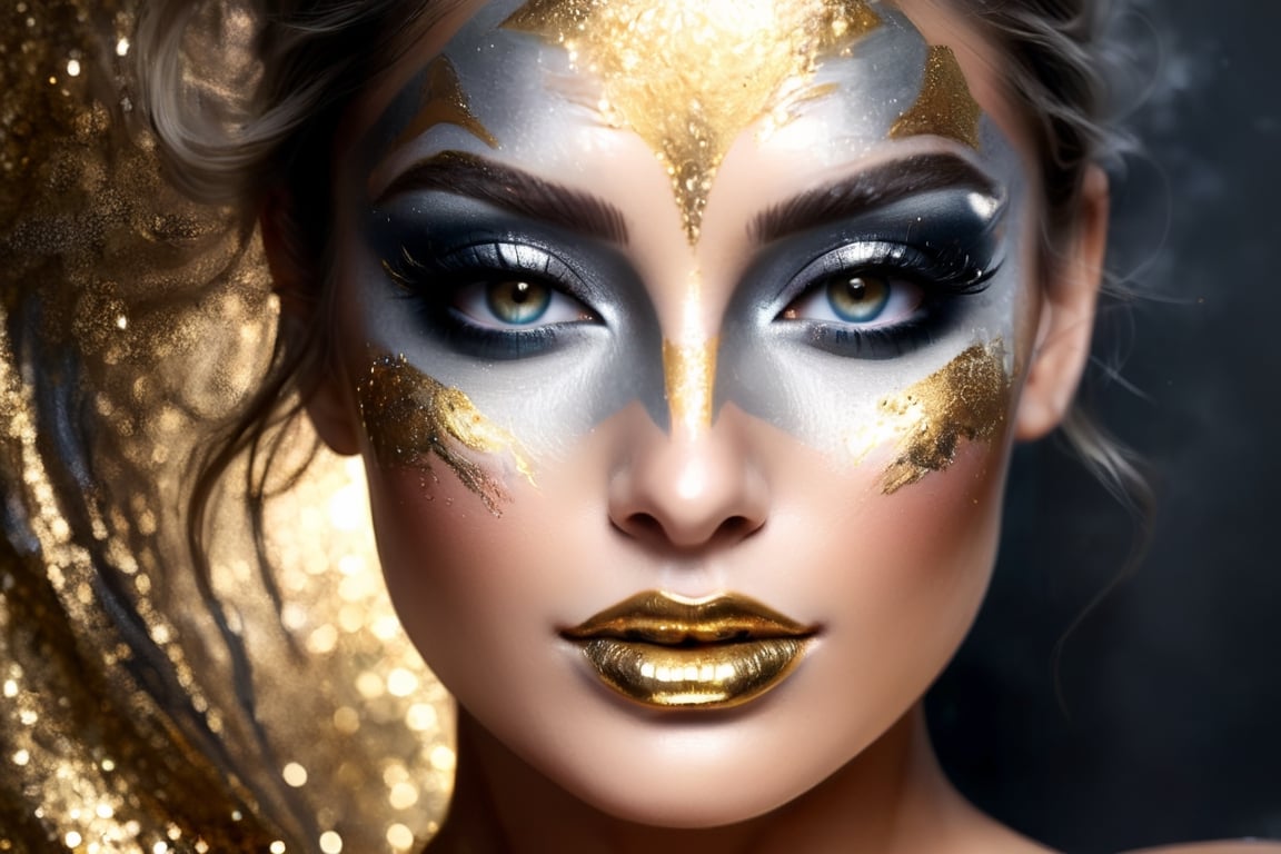 silver and gold, abstract nude beauty, realistic beautiful woman, painted face and body, metalic glitter, face and upper body portrait,DonML1quidG0ldXL ,more detail XL,(PnMakeEnh)