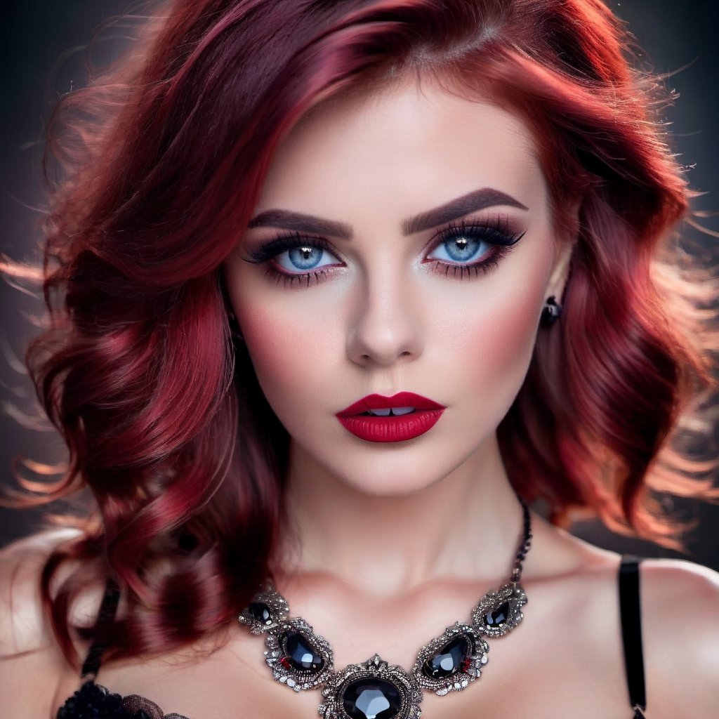 Create a digital portrait  of beautiful women looking annoyed at viewer, enhanced fake rounded breasts 32DD, wearing black transparent dress, black necklace with red ruby, red lips, pale face , red hair, short hair, strong make up, age 25 , blue eyes, smoky eyes, dark eyebrows, cute smal nose, wavy hair,perfect lighting, detailed face, black background ,photo r3al