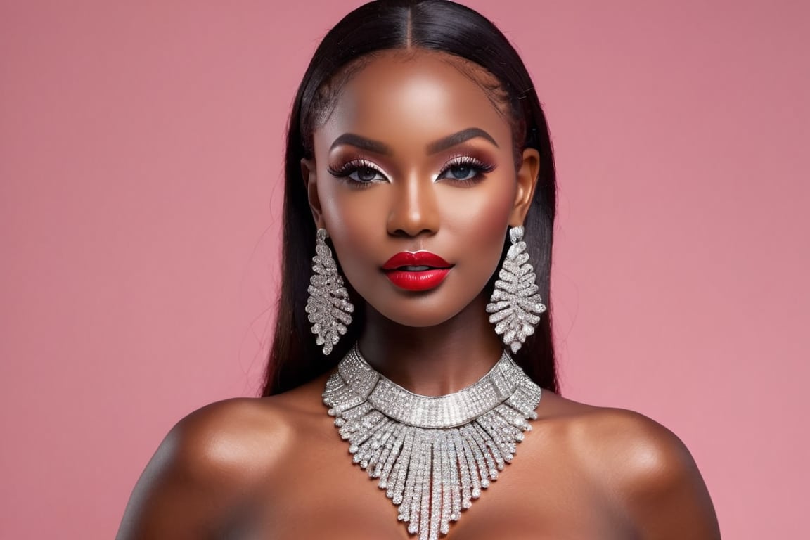 high fashion woman, 30 years, (masterpiece, top quality, best quality, official art, beautiful and aesthetic:1.2), (half body shot) ,(black skinned),(enhanced fake rounded breasts 32D), ((breasts out)1.5), show boobs, (detailed realistic nipple visible), colourful face makeup, (red lips), colorful eyeshadow, glitter in the face ,extremely detailed, ,highest detailed, (dynamic pose), (blured background) ,(silver rhinestone tassle earrings), (silver rhinestone choker) , nude,