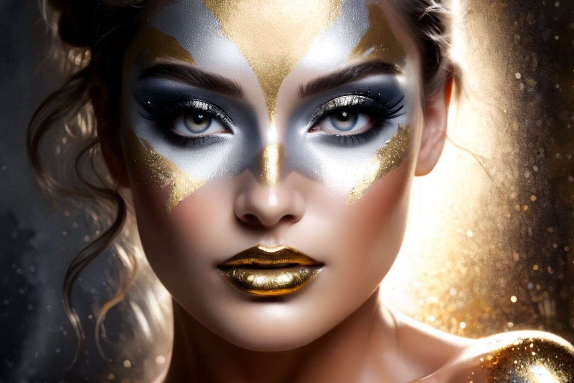 silver and gold, abstract nude beauty, realistic beautiful woman, painted face and body, metalic glitter, face and upper body portrait,DonML1quidG0ldXL ,more detail XL,(PnMakeEnh)