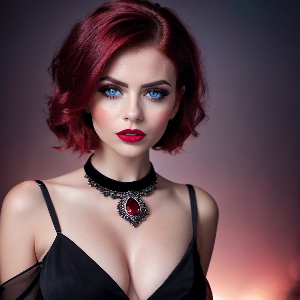 Create a digital portrait  of beautiful women looking annoyed at viewer, enhanced fake rounded breasts 32DD, wearing black transparent dress, black necklace with red ruby, red lips, pale face , red hair, short hair, strong make up, age 25 , blue eyes, smoky eyes, dark eyebrows, cute smal nose, wavy hair,perfect lighting, detailed face, black background ,photo r3al