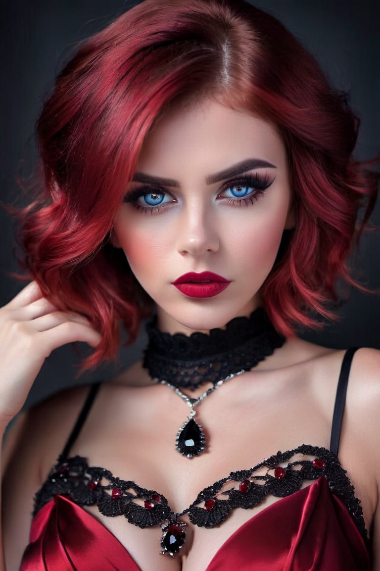 Create a digital portrait  of beautiful women looking annoyed at viewer, enhanced fake rounded breasts 32DD, wearing black transparent dress, black necklace with red ruby, red lips, pale face , red hair, short hair, strong make up, age 25 , blue eyes, smoky eyes, dark eyebrows, cute smal nose, wavy hair,perfect lighting, detailed face, black background ,photo r3al