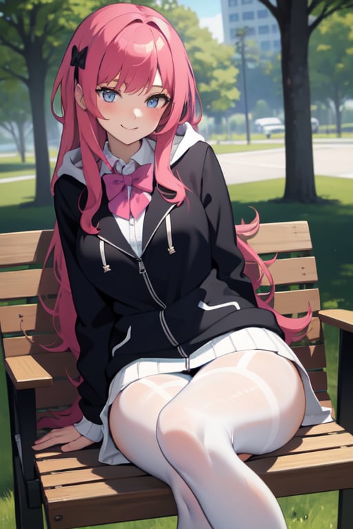 best quality, ultra detailed, 1girl, solo, sitting on school chair, 1tree, red pink hair, long hair, black bowknots with white accent, dark blue eyes, large breasts, little smile, white blazer (module), purple zip hoodie, looking at viewer, white pantyhose, ((1girl)), sunny day, beautiful, masterpiece, best quality, shiny skin, big ass, legs crossed