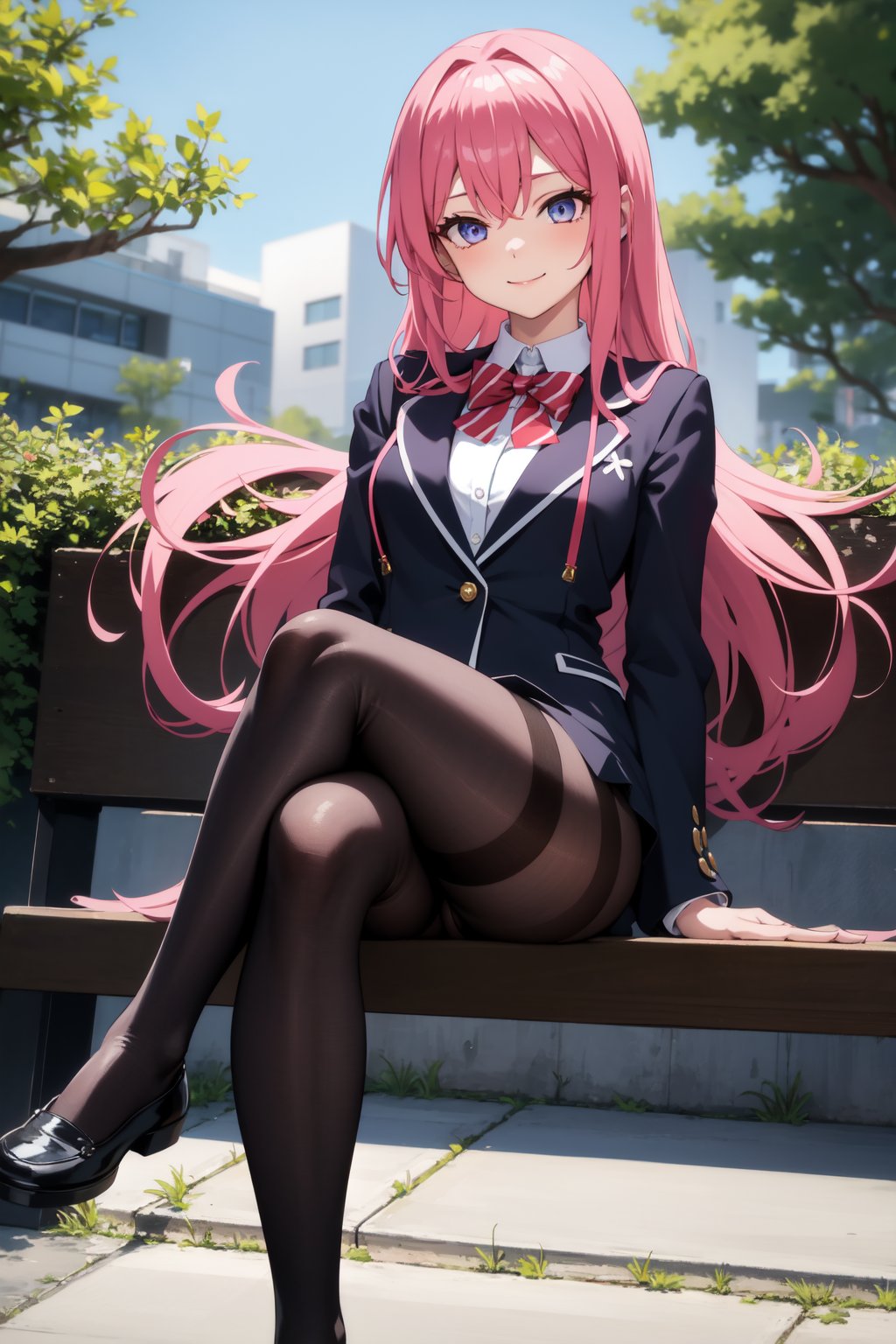 best quality, ultra detailed, 1girl, solo, sitting on school chair, 1tree, red pink hair, long hair, black bowknots with white accent, dark blue eyes, large breasts, little smile, white blazer (module), purple zip hoodie, looking at viewer, white pantyhose, ((1girl)), sunny day, beautiful, masterpiece, best quality, shiny skin, big ass, legs crossed