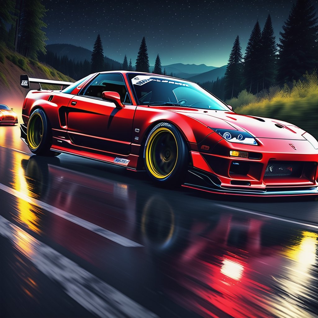 Race cars in a high speed street race (best quality,4k,8k,highres,masterpiece:1.2),ultra-detailed, ((a customized car)), ((street racer)), ((a beautiful paintjob)), ((fully detailed)), illustration, vivid colors, GTR, NSX,  Drifting, going fast, night, bright yellow headlights,setting USA Oregon's Mountain roads, No text on signs, Late night time dark skys filled with moonlight and bright stars,1 car.,Nature,modelshoot style, Fast action style, red and black cars,