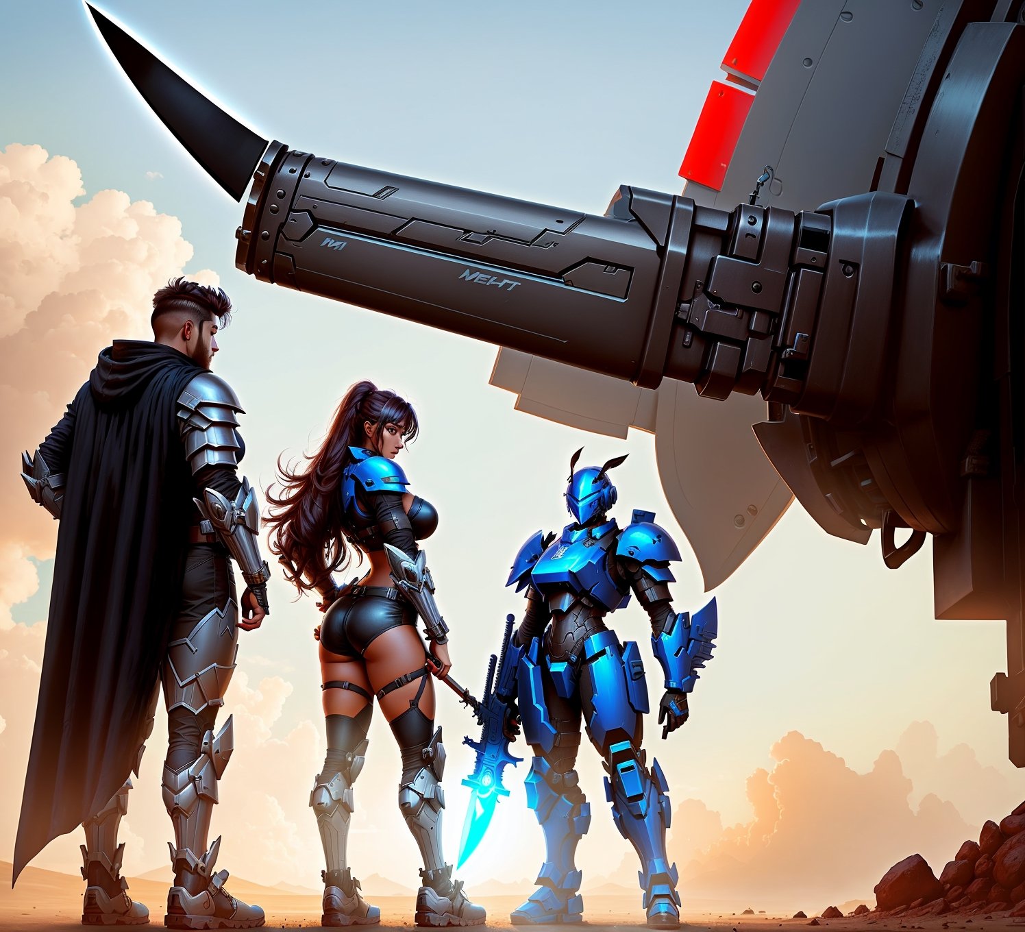 The mech warrior  stout and holding a huge weapon, and the mech beauty  holding a knife, 