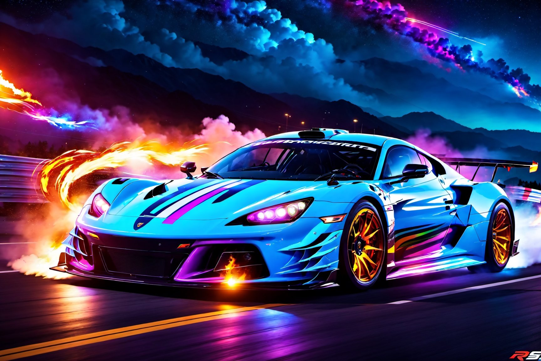 angelic sports car, blue and white colors, bright sky, colorful beautiful mountain, sharp, clouds, detailed car body ,ethereal art, detailed tires, fire scene, more detail, (masterpiece, best quality, ultra-detailed, 8K), race car, street racing-inspired,Drifting inspired, LED, ((Twin headlights)), (((Bright neon color racing stripes))), (Black racing wheels), Wheelspin showing motion, Show car in motion, Burnout,  wide body kit, modified car,  racing livery, masterpiece, best quality, realistic, ultra highres, (((depth of field))), (full dual colour neon lights:1.2), (hard dual color lighting:1.4), (detailed background), (masterpiece:1.2), (ultra detailed), (best quality), intricate, comprehensive cinematic, magical photography, (gradients), glossy, Night with galaxy sky, Fast action style, fire out of tail pipes, Sideways drifting in to a turn, Neon galaxy metalic paint with race stripes, GTR Nismo, NSX, Porsche, Lamborghini, Ferrari, Bugatti, Ariel Atom, BMW, Audi, Mazda, Toyota supra, Lamborghini Aventador,  aesthetic,intricate, realistic,cinematic lighting, Neon Paint, streaks of fire,c_car,more detail XL,mecha,Concept Cars,DonMPl4sm4T3chXL ,Sexy,vaporwave style,Comic Book-Style 2d,spcrft,3d toon style