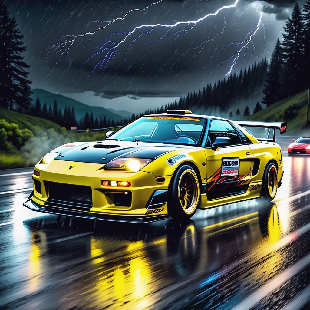 Race cars in a high speed street race (best quality,4k,8k,highres,masterpiece:1.2),ultra-detailed, ((a customized car)), ((street racer)), ((a beautiful paintjob)), ((fully detailed)), illustration, vivid colors, GTR, NSX,  Drifting, going fast, night, bright yellow headlights,setting USA Oregon's Mountain roads, No text on signs, Late night time dark skys filled with moonlight and bright stars,1 car.,Nature,modelshoot style, Fast action style, Sideways drifting in to a turn, gray and black cars, Set in a rain storm with lightning,