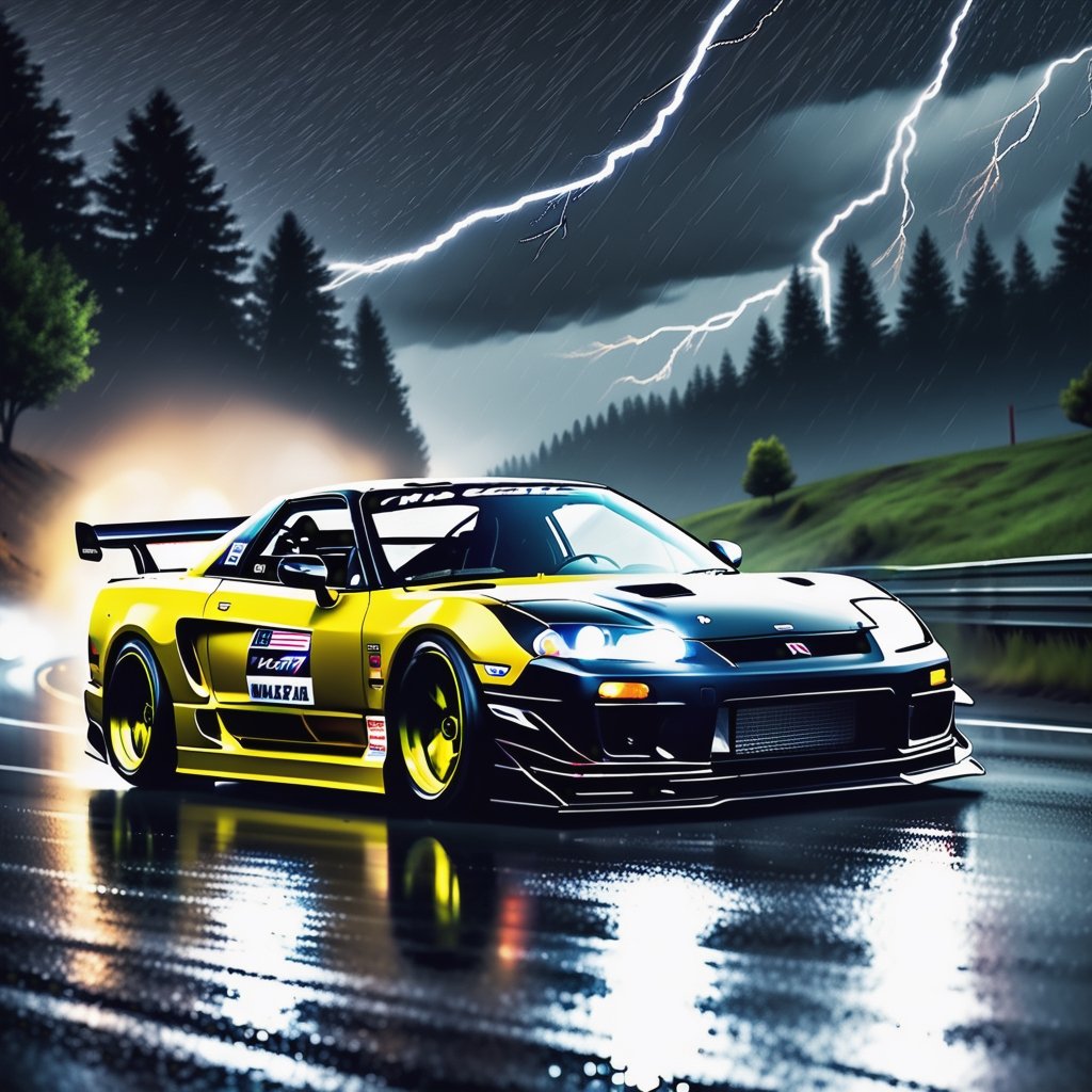 Race cars in a high speed street race (best quality,4k,8k,highres,masterpiece:1.2),ultra-detailed, ((a customized car)), ((street racer)), ((a beautiful paintjob)), ((fully detailed)), illustration, vivid colors, GTR, NSX,  Drifting, going fast, night, bright yellow headlights,setting USA Oregon's Mountain roads, No text on signs, Late night time dark skys filled with moonlight and bright stars,1 car.,Nature,modelshoot style, Fast action style, Sideways drifting in to a turn, gray and black cars, Set in a rain storm with lightning,