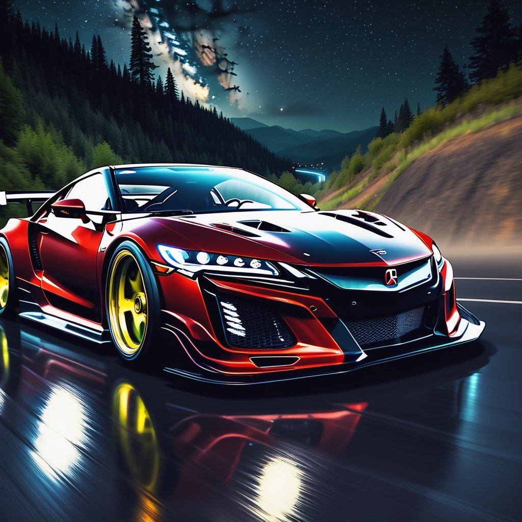 Race cars in a high speed street race (best quality,4k,8k,highres,masterpiece:1.2),ultra-detailed, ((a customized car)), ((street racer)), ((a beautiful paintjob)), ((fully detailed)), illustration, vivid colors, GTR, NSX,  Drifting, going fast, night, bright yellow headlights,setting USA Oregon's Mountain roads, No text on signs, Late night time dark skys filled with moonlight and bright stars,1 car.,Nature,modelshoot style, Fast action style, red and black cars,