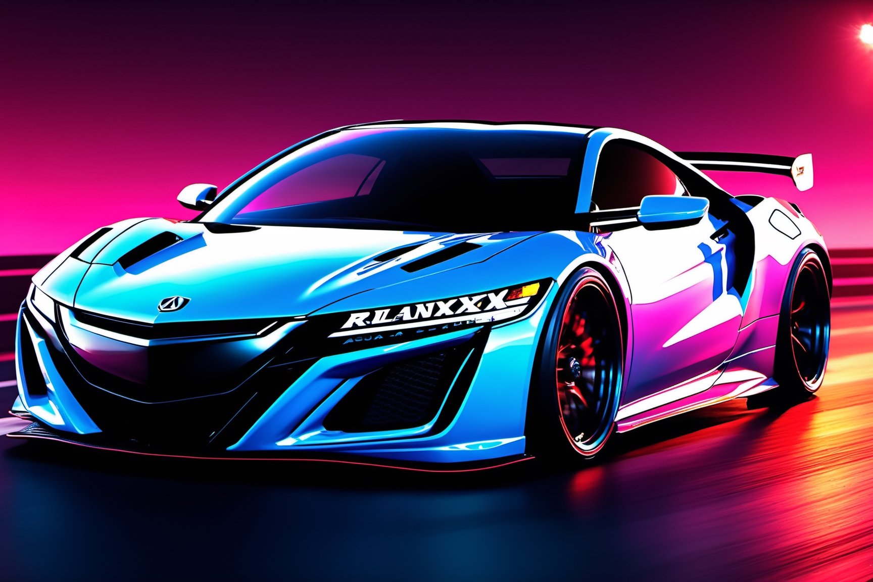 (((A photo realistic image of a  Acura NSX))), (( setting race track)), ((wide shot)) , sharp, detailed car body , detailed tires, (masterpiece, best quality, ultra-detailed, 8K), race car, street racing-inspired, Drifting inspired, LED, ((Twin headlights)), (((Bright neon color racing stripes))), (Black racing wheels), Wheel spin showing motion, Show car in motion, Burnout,  wide body kit, modified car,  racing livery, masterpiece, best quality, realistic, ultra high res, (((depth of field))), (full dual color neon lights:1.2), (hard dual color lighting:1.4), (detailed background), (masterpiece:1.2), (ultra detailed), (best quality), intricate, comprehensive cinematic, magical photography, (gradients), glossy, Fast action style, Sideways drifting in to a turns, 