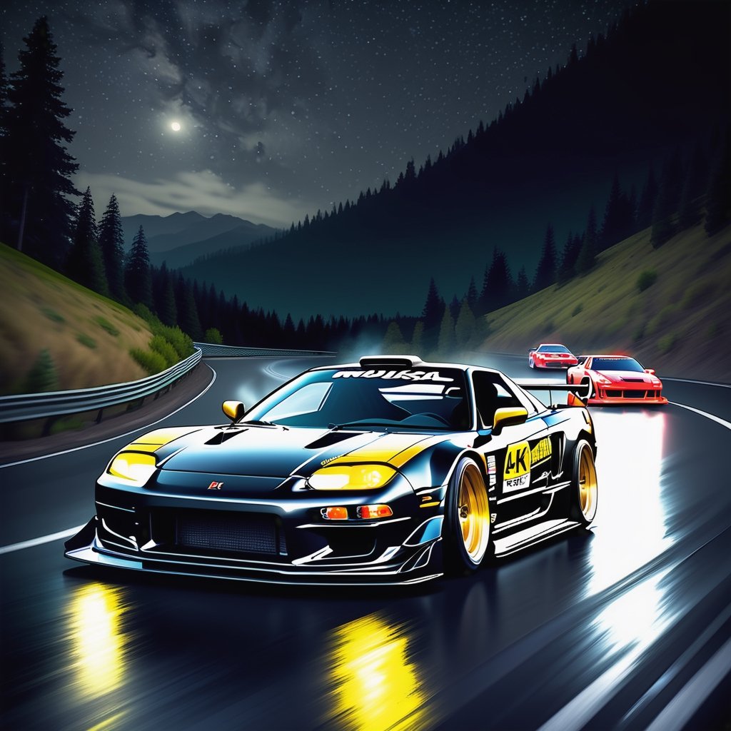 Race cars in a high speed street race (best quality,4k,8k,highres,masterpiece:1.2),ultra-detailed, ((a customized car)), ((street racer)), ((a beautiful paintjob)), ((fully detailed)), illustration, vivid colors, GTR, NSX,  Drifting, going fast, night, bright yellow headlights,setting USA Oregon's Mountain roads, No text on signs, Late night time dark skys filled with moonlight and bright stars,1 car.,Nature,modelshoot style, Fast action style, Sideways drifting in to a turn, gray and black cars,