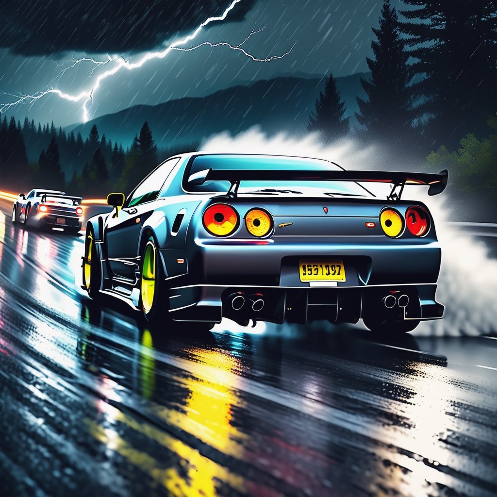 Race cars in a high speed street race (best quality,4k,8k,highres,masterpiece:1.2),ultra-detailed, ((a customized car)), ((street racer)), ((a beautiful paintjob)), ((fully detailed)), illustration, vivid colors, GTR, NSX,  Drifting, going fast, night, bright yellow headlights,setting USA Oregon's Mountain roads, No text on signs, Late night time dark skys filled with moonlight and bright stars,1 car.,Nature,modelshoot style, Fast action style, Sideways drifting in to a turn, gray and black cars, Set in a rain storm with lightning,