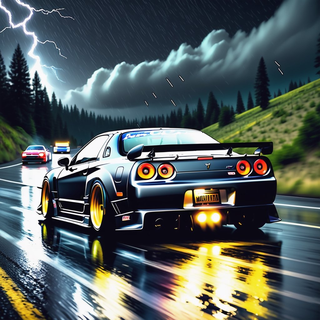 Race cars in a high speed street race (best quality,4k,8k,highres,masterpiece:1.2),ultra-detailed, ((a customized car)), ((street racer)), ((a beautiful paintjob)), ((fully detailed)), illustration, vivid colors, GTR, NSX,  Drifting, going fast, night, bright yellow headlights,setting USA Oregon's Mountain roads, No text on signs, Late night time dark skys filled with moonlight and bright stars,1 car.,Nature,modelshoot style, Fast action style, Sideways drifting in to a turn, gray and black cars, Set in a rain storm with lightning,