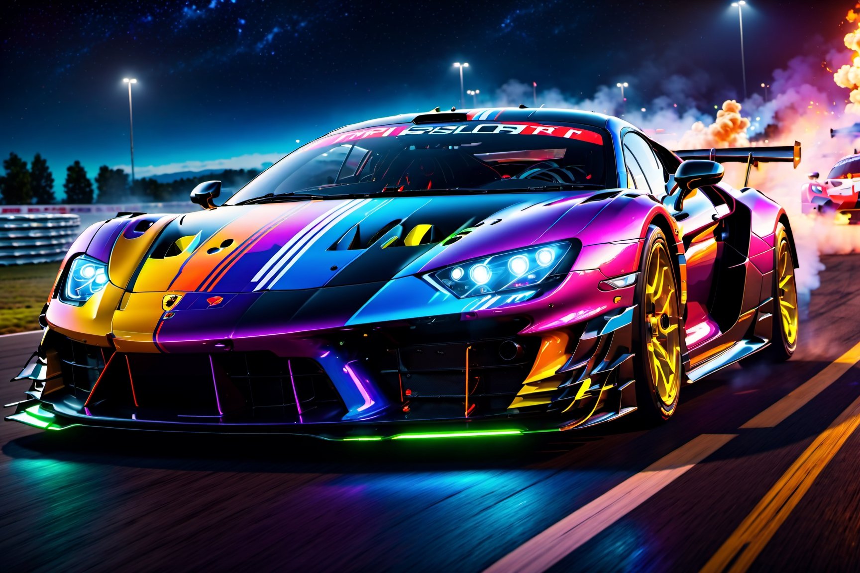  (masterpiece, best quality, ultra-detailed, 8K), race car, street racing-inspired,Drifting inspired, LED, ((Twin headlights)), (((Bright neon color racing stripes))), (Black racing wheels), Wheelspin showing motion, Show car in motion, Burnout,  wide body kit, modified car,  racing livery, masterpiece, best quality, realistic, ultra highres, (((depth of field))), (full dual colour neon lights:1.2), (hard dual color lighting:1.4), (detailed background), (masterpiece:1.2), (ultra detailed), (best quality), intricate, comprehensive cinematic, magical photography, (gradients), glossy, Night with galaxy sky, Fast action style, fire out of tail pipes, Sideways drifting in to a turn, Neon galaxy metalic paint with race stripes, GTR Nismo, NSX, Porsche, Lamborghini, Ferrari, Bugatti, Ariel Atom, BMW, Audi, Mazda, Toyota supra, Lamborghini Aventador,  aesthetic,intricate, realistic,cinematic lighting, Neon Paint, streaks of fire,c_car,more detail XL,mecha