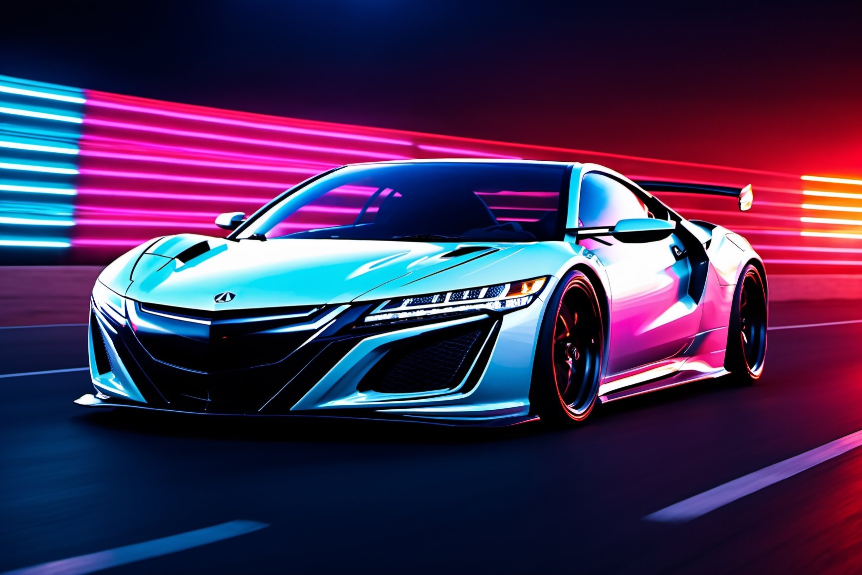 (((A photo realistic image of a Acura NSX))), ((Wide View)), (setting race track), ((wide shot)) , sharp, detailed car body , detailed tires, (masterpiece, best quality, ultra-detailed, 8K), race car, street racing-inspired, Drifting inspired, LED, ((Twin headlights)), (((Bright neon color racing stripes))), (Black racing wheels), Wheel spin showing motion, Show car in motion, Burnout,  wide body kit, modified car,  racing livery, masterpiece, best quality, realistic, ultra high res, (((depth of field))), (full dual color neon lights:1.2), (hard dual color lighting:1.4), (detailed background), (masterpiece:1.2), (ultra detailed), (best quality), intricate, comprehensive cinematic, magical photography, (gradients), glossy, Fast action style, Sideways drifting in to a turns, ,DonMPl4sm4T3chXL ,more detail XL,Movie Still