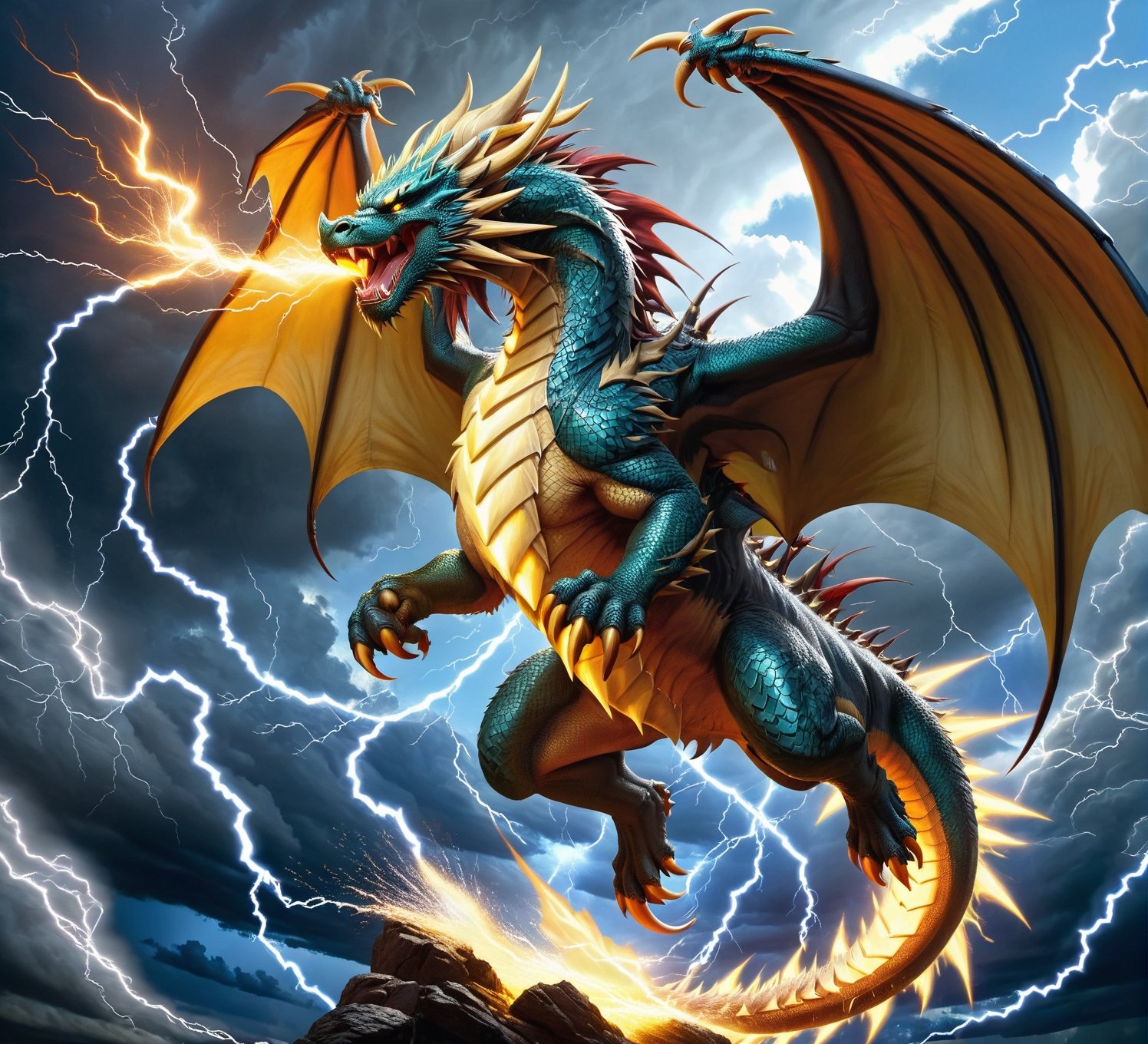 yellow lightning dragon,storm cloud,powerful storm,electricity,thunder,heavy rain,dark sky,roaring thunderbolts,strong wind,flashing light,bolts of lightning,ominous atmosphere,majestic creature,dark scales,sharp claws,fiery eyes,fierce expression,flying in the sky,spreading its wings,scaly texture,iridescent scales,twisted horns,serpentine body,glistening talons,spiky tail,gusts of wind,breathing fire,crackling energy,illuminating the darkness,dynamic movement,awe-inspiring presence,otherworldly creature,storm's fury,presiding over the storm,unleashing its power,unstoppable force,battle between nature's elements,breathtaking scene,mesmerizing spectacle,able to control the storm,majestic beauty,raw power,creating chaos with every movement,violent rumbles,unpredictable nature,symbol of strength and power,clash of nature's might,artistically rendered,high-res masterpiece,bold colors and contrasts,vivid and intense hues,dramatic lighting,creating a sense of awe and wonder.