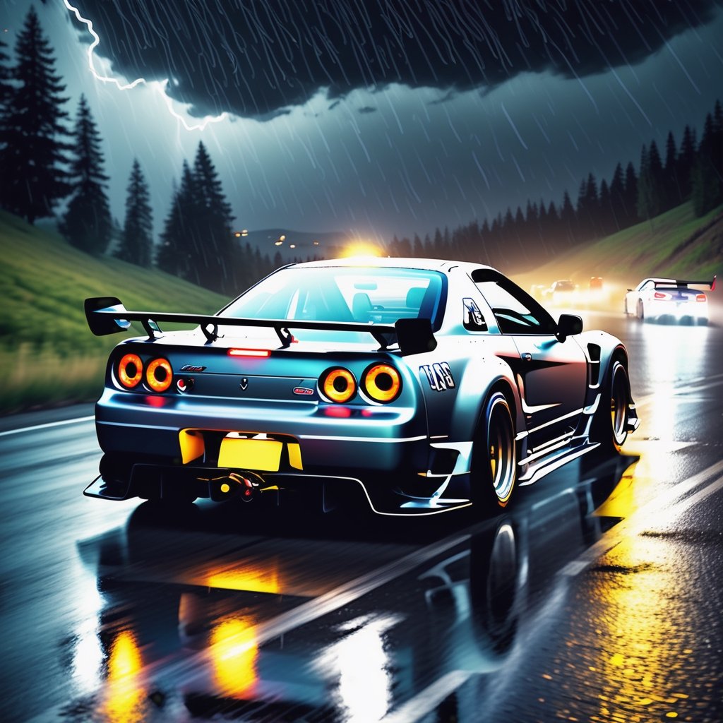 Race cars in a high speed street race (best quality,4k,8k,highres,masterpiece:1.2),ultra-detailed, ((a customized car)), ((street racer)), ((a beautiful paintjob)), ((fully detailed)), illustration, vivid colors, GTR, NSX,  Drifting, going fast, night, bright yellow headlights,setting USA Oregon's Mountain roads, No text on signs, Late night time dark skys filled with moonlight and bright stars,1 car.,Nature,modelshoot style, Fast action style, Sideways drifting in to a turn, gray and black cars, Set in a rain storm with lightning,