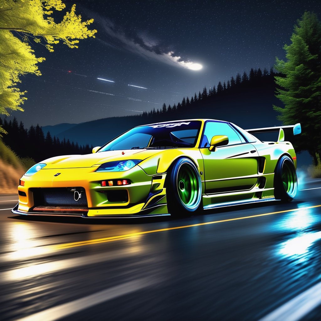 Race cars in a high speed street race (best quality,4k,8k,highres,masterpiece:1.2),ultra-detailed, ((a customized car)), ((street racer)), ((a beautiful paintjob)), ((fully detailed)), illustration, vivid colors, GTR, NSX,  Drifting, going fast, night, bright yellow headlights,setting USA Oregon's Mountain roads, No text on signs, Late night time dark skys filled with moonlight and bright stars,1 car.,Nature,modelshoot style, Fast action style,