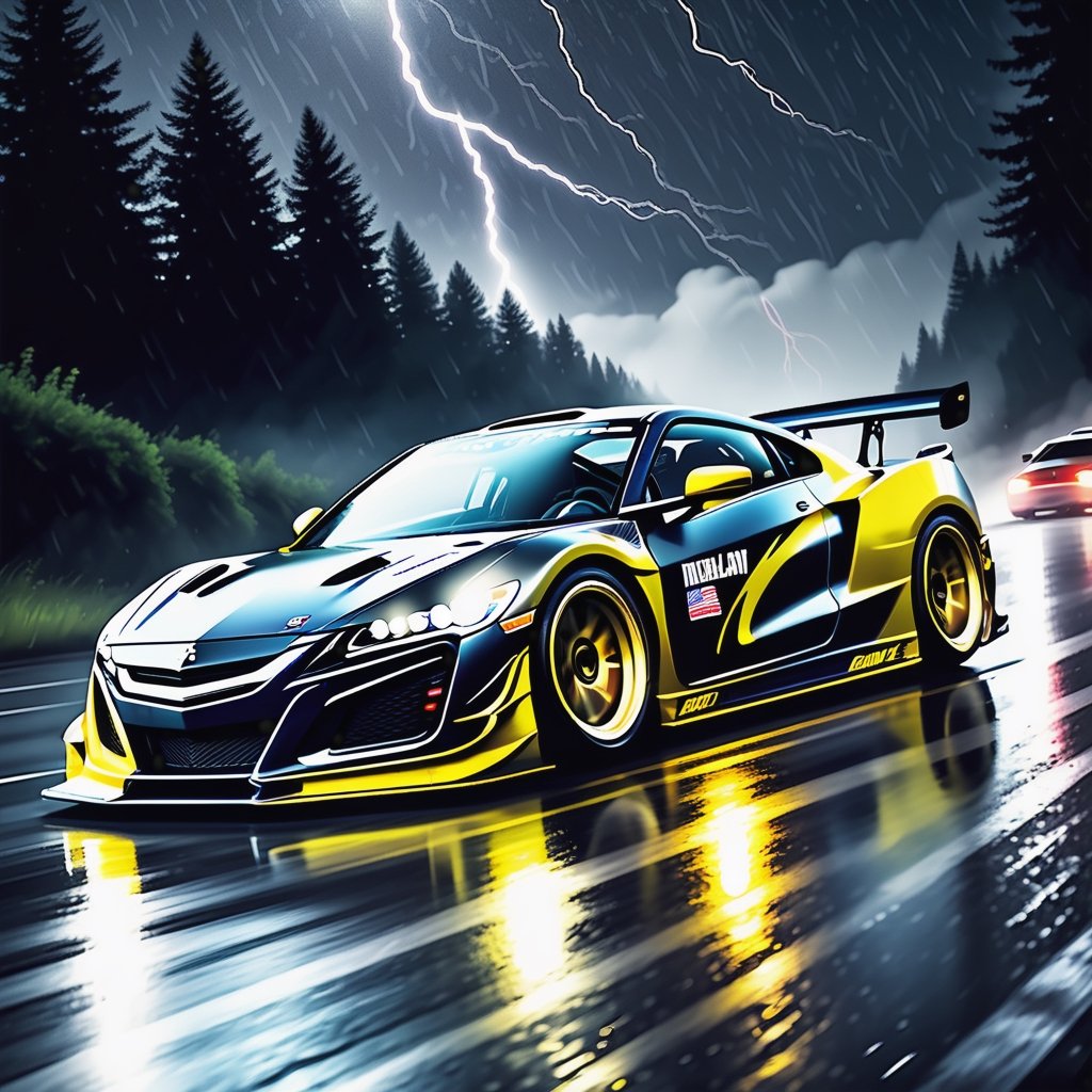 Race cars in a high speed street race (best quality,4k,8k,highres,masterpiece:1.2),ultra-detailed, ((a customized car)), ((street racer)), ((a beautiful paintjob)), ((fully detailed)), illustration, vivid colors, GTR, NSX,  Drifting, going fast, night, bright yellow headlights,setting USA Oregon's Mountain roads, No text on signs, Late night time dark skys filled with moonlight and bright stars,1 car.,Nature,modelshoot style, Fast action style, Sideways drifting in to a turn, gray and black cars, Set in a rain storm with lightning,