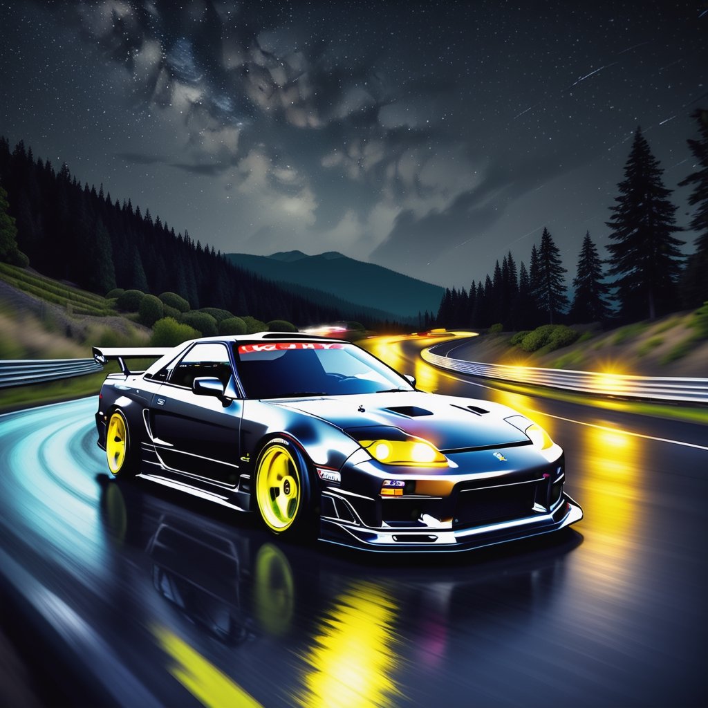 Race cars in a high speed street race (best quality,4k,8k,highres,masterpiece:1.2),ultra-detailed, ((a customized car)), ((street racer)), ((a beautiful paintjob)), ((fully detailed)), illustration, vivid colors, GTR, NSX,  Drifting, going fast, night, bright yellow headlights,setting USA Oregon's Mountain roads, No text on signs, Late night time dark skys filled with moonlight and bright stars,1 car.,Nature,modelshoot style, Fast action style, Sideways drifting in to a turn, gray and black cars,