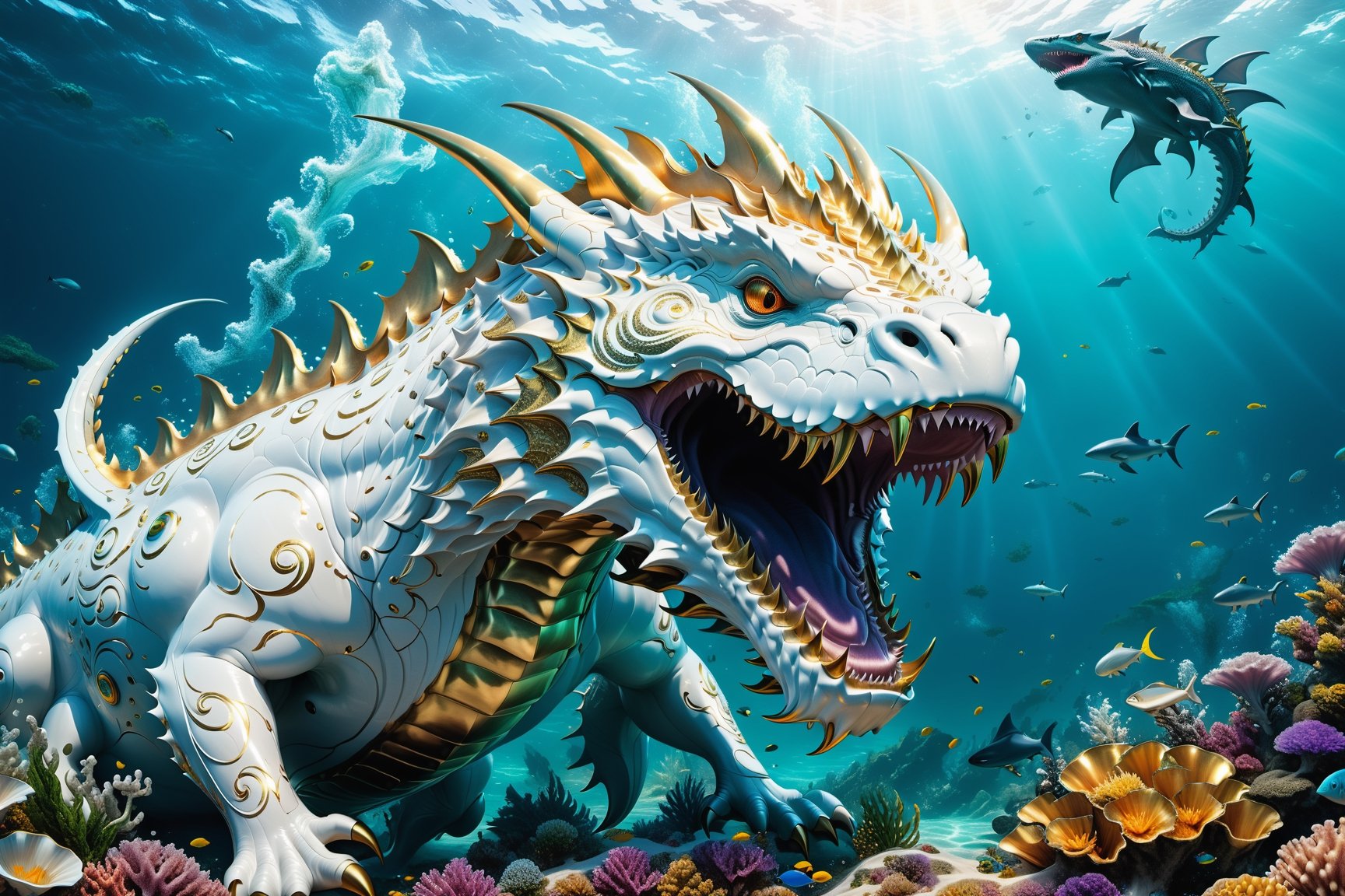 High definition photorealistic render of an incredible and mysterious futuristic mythical creating creature inusual big with giant dragon-shaped morza with many eyes in splosion monster with parametric shape and structure in the word, curved and fluid shapes in a on the seabed, with fish sharks marine life, aquatic plants, seabeds, shells and bubble explosion, in white marble with intricate gold details, luxurious details and parametric architectural style in marble and metal, epic pose
​