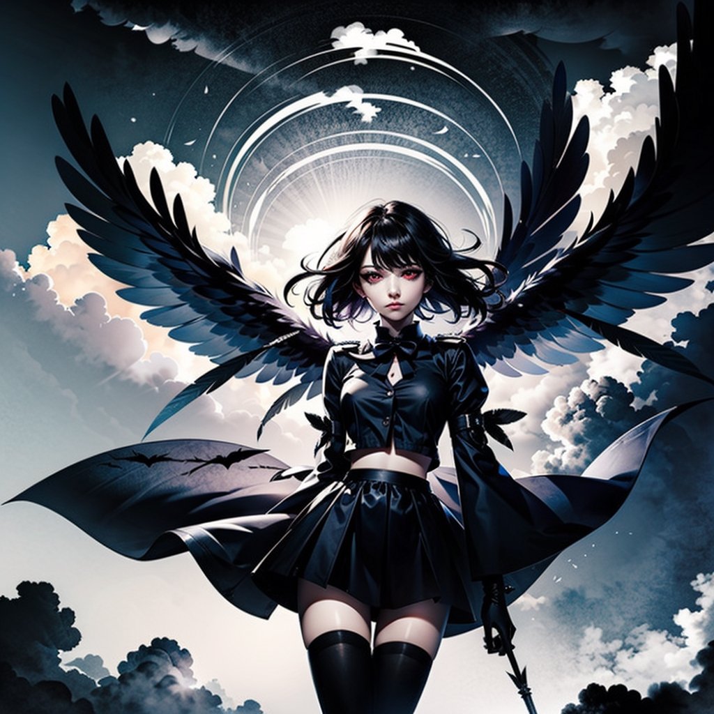 (((masterpiece))),best quality, extremely detailed CG unity 8k, illustration, contour deepening beautiful detailed glow,(beautiful detailed eyes), (1 girl:1.1), ((Bana)), large top sleeves, Floating black ashes, Beautiful and detailed black, red moon, ((The black clouds)), (black Wings) , a black cloudy sky, burning, black dress, (beautiful detailed eyes), black expressionless, beautiful detailed white gloves, (crow), bat, (floating black cloud:1.5),white and black hair, disheveled hair, long bangs, hairs between eyes, black knee-highs, black ribbon, white bowties, midriff,{{{half closed eyes}}},((Black fog)), Red eyes, (black smoke), complex pattern, ((Black feathers floating in the air)), (((arms behind back)))