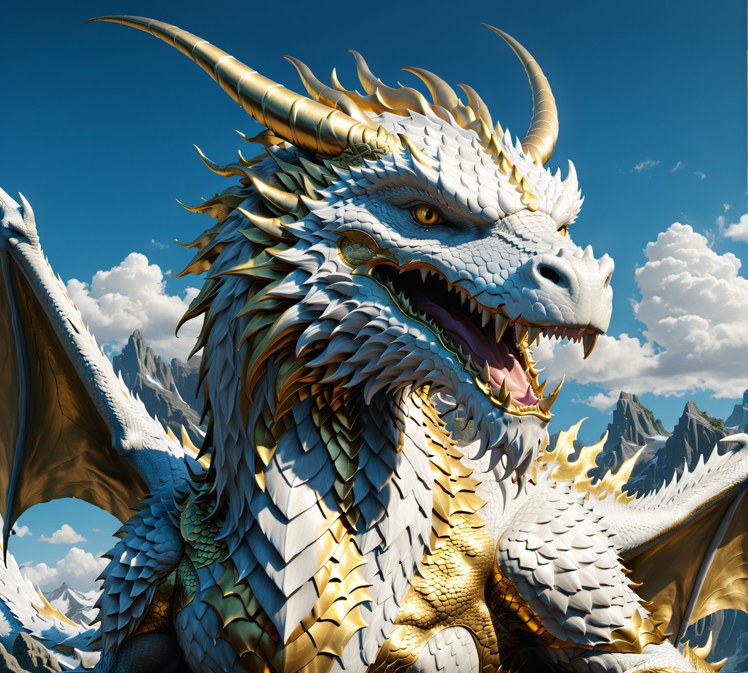 High definition photorealistic render of an incredible and  mythical giant  white and gold dragon,