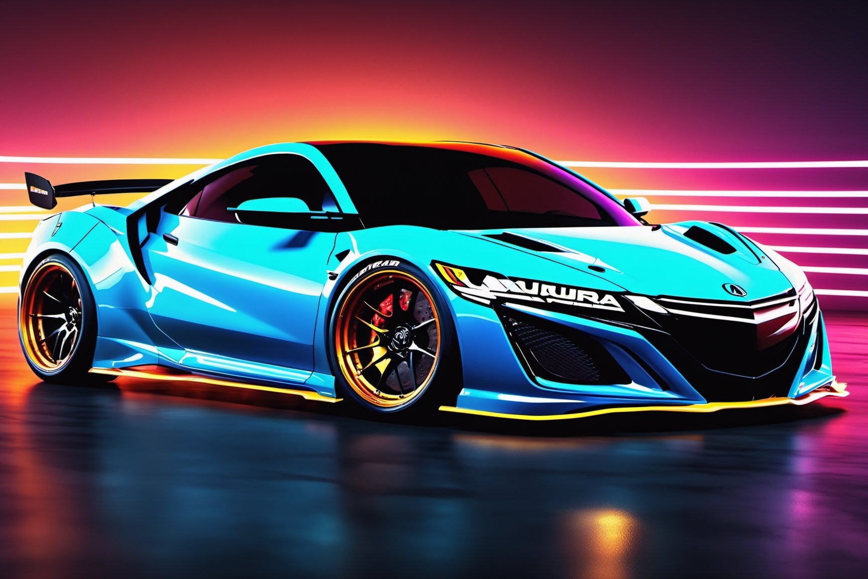 (((A photo realistic image of a  Acura NSX))), ((Wide View)), (setting race track), ((wide shot)) , sharp, detailed car body , detailed tires, (masterpiece, best quality, ultra-detailed, 8K), race car, street racing-inspired, Drifting inspired, LED, ((Twin headlights)), (((Bright neon color racing stripes))), (Black racing wheels), Wheel spin showing motion, Show car in motion, Burnout,  wide body kit, modified car,  racing livery, masterpiece, best quality, realistic, ultra high res, (((depth of field))), (full dual color neon lights:1.2), (hard dual color lighting:1.4), (detailed background), (masterpiece:1.2), (ultra detailed), (best quality), intricate, comprehensive cinematic, magical photography, (gradients), glossy, Fast action style, Sideways drifting in to a turns, ,DonMPl4sm4T3chXL 