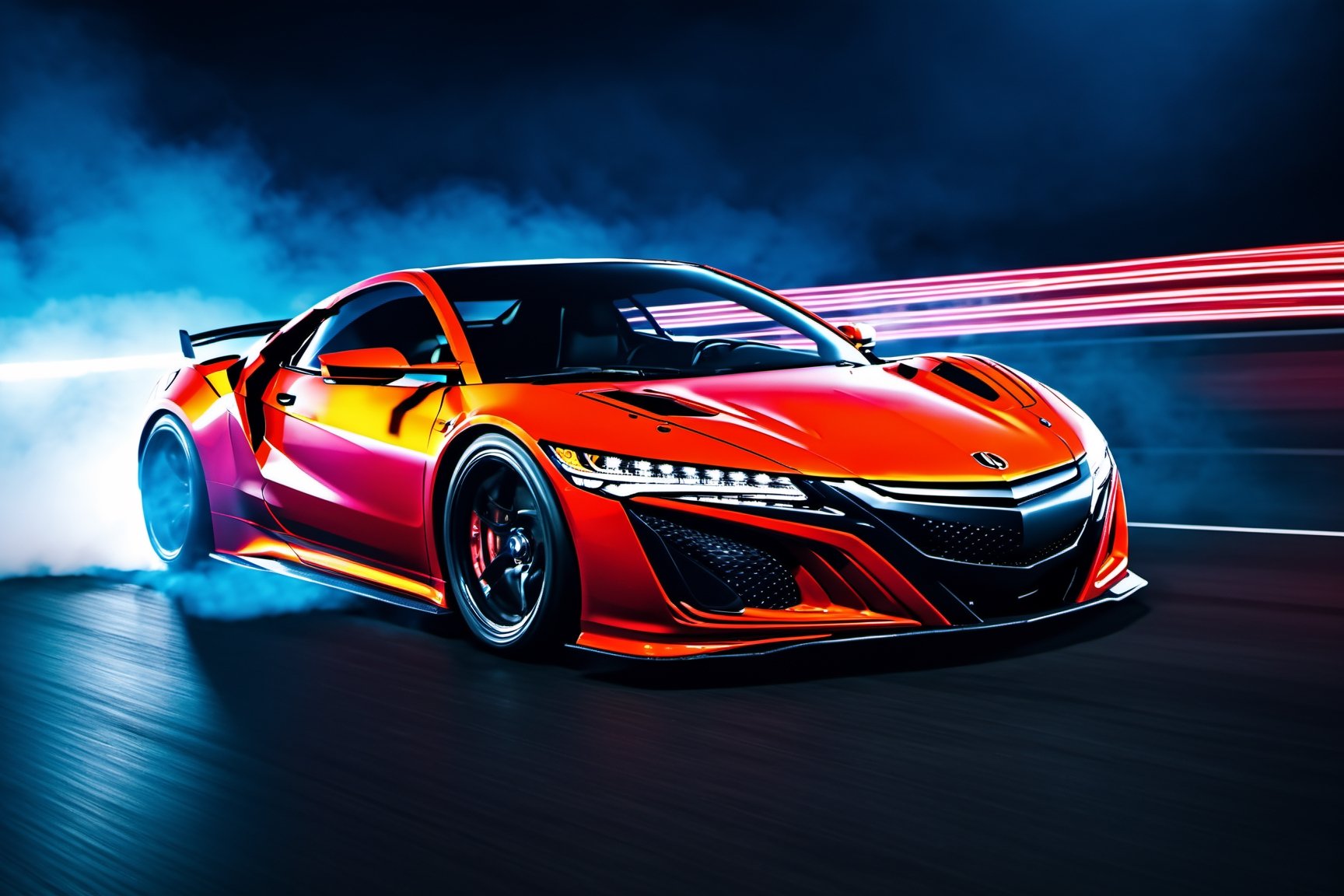 (((A photo realistic image of a Acura NSX))), ((Wide View)), (setting race track), ((wide shot)) , sharp, detailed car body , detailed tires, (masterpiece, best quality, ultra-detailed, 8K), race car, street racing-inspired, Drifting inspired, LED, ((Twin headlights)), (((Bright neon color racing stripes))), (Black racing wheels), Wheel spin showing motion, Show car in motion, Burnout,  wide body kit, modified car,  racing livery, masterpiece, best quality, realistic, ultra high res, (((depth of field))), (full dual color neon lights:1.2), (hard dual color lighting:1.4), (detailed background), (masterpiece:1.2), (ultra detailed), (best quality), intricate, comprehensive cinematic, magical photography, (gradients), glossy, Fast action style, Sideways drifting in to a turns, ,DonMPl4sm4T3chXL ,more detail XL,Movie Still