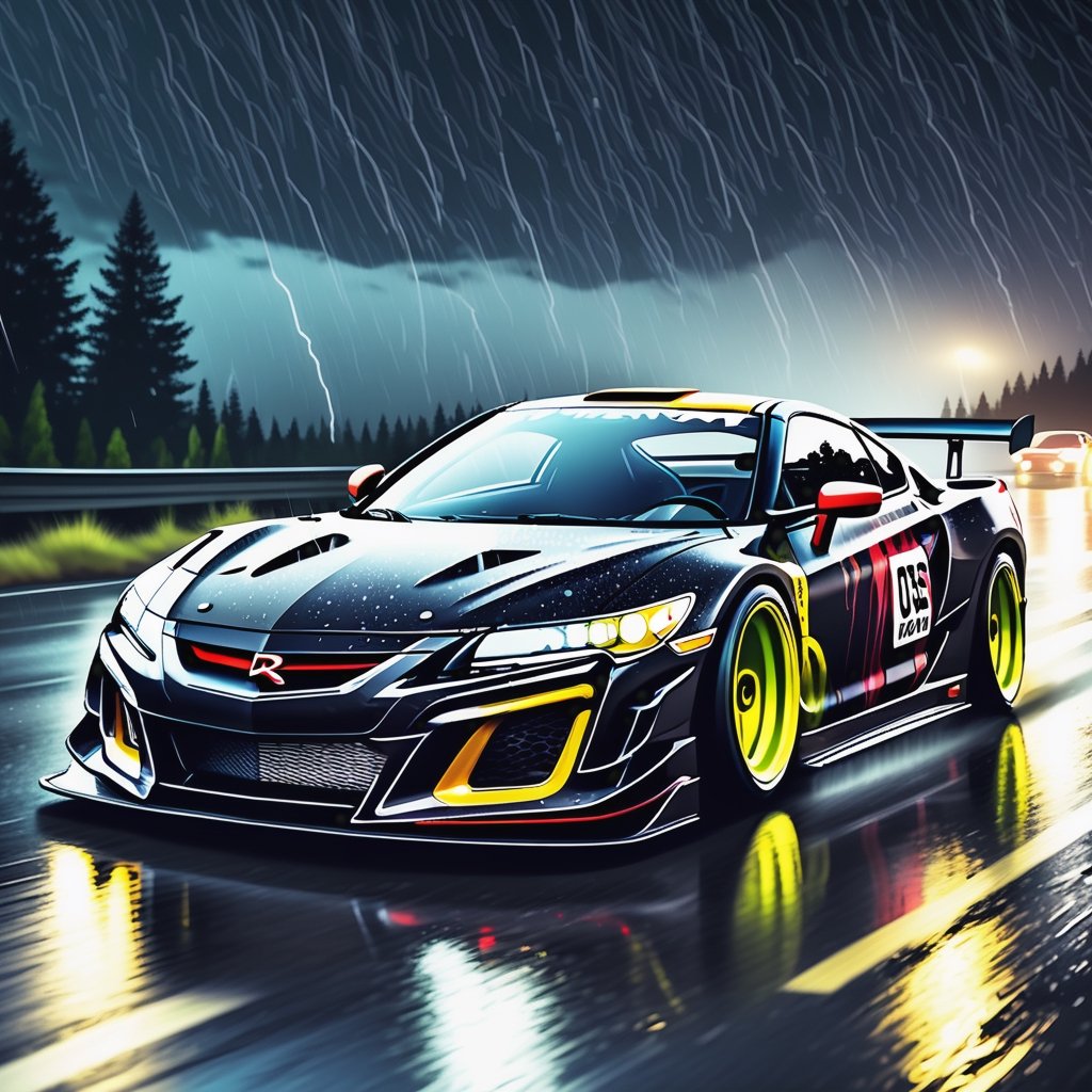 Race cars in a high speed street race (best quality,4k,8k,highres,masterpiece:1.2),ultra-detailed, ((a customized car)), ((street racer)), ((a beautiful paintjob)), ((fully detailed)), illustration, vivid colors, GTR, NSX,  Drifting, going fast, night, bright yellow headlights,setting USA Oregon's Mountain roads, No text on signs, Late night time dark skys filled with moonlight and bright stars,1 car.,Nature,modelshoot style, Fast action style, Sideways drifting in to a turn, gray and black cars, Set in a rain storm with lightning,