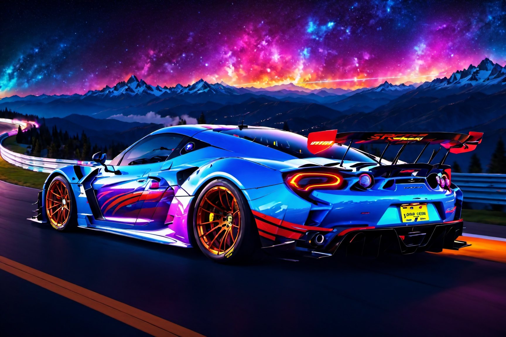 angelic sports car, blue and white colors, bright sky, colorful beautiful mountain, sharp, clouds, detailed car body ,ethereal art, detailed tires, fire scene, more detail, (masterpiece, best quality, ultra-detailed, 8K), race car, street racing-inspired,Drifting inspired, LED, ((Twin headlights)), (((Bright neon color racing stripes))), (Black racing wheels), Wheelspin showing motion, Show car in motion, Burnout,  wide body kit, modified car,  racing livery, masterpiece, best quality, realistic, ultra highres, (((depth of field))), (full dual colour neon lights:1.2), (hard dual color lighting:1.4), (detailed background), (masterpiece:1.2), (ultra detailed), (best quality), intricate, comprehensive cinematic, magical photography, (gradients), glossy, Night with galaxy sky, Fast action style, fire out of tail pipes, Sideways drifting in to a turn, Neon galaxy metalic paint with race stripes, GTR Nismo, NSX, Porsche, Lamborghini, Ferrari, Bugatti, Ariel Atom, BMW, Audi, Mazda, Toyota supra, Lamborghini Aventador,  aesthetic,intricate, realistic,cinematic lighting, Neon Paint, streaks of fire,c_car,more detail XL,mecha,Concept Cars,DonMPl4sm4T3chXL ,Sexy,vaporwave style,Comic Book-Style 2d,spcrft