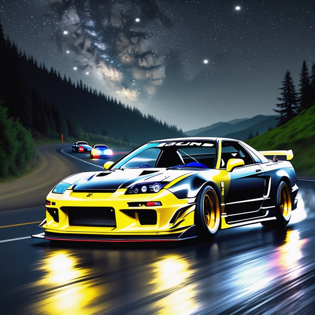 Race cars in a high speed street race (best quality,4k,8k,highres,masterpiece:1.2),ultra-detailed, ((a customized car)), ((street racer)), ((a beautiful paintjob)), ((fully detailed)), illustration, vivid colors, GTR, NSX,  Drifting, going fast, night, bright yellow headlights,setting USA Oregon's Mountain roads, No text on signs, Late night time dark skys filled with moonlight and bright stars,1 car.,Nature,modelshoot style, Fast action style, Sideways drifting in to a turn, gray and black cars,