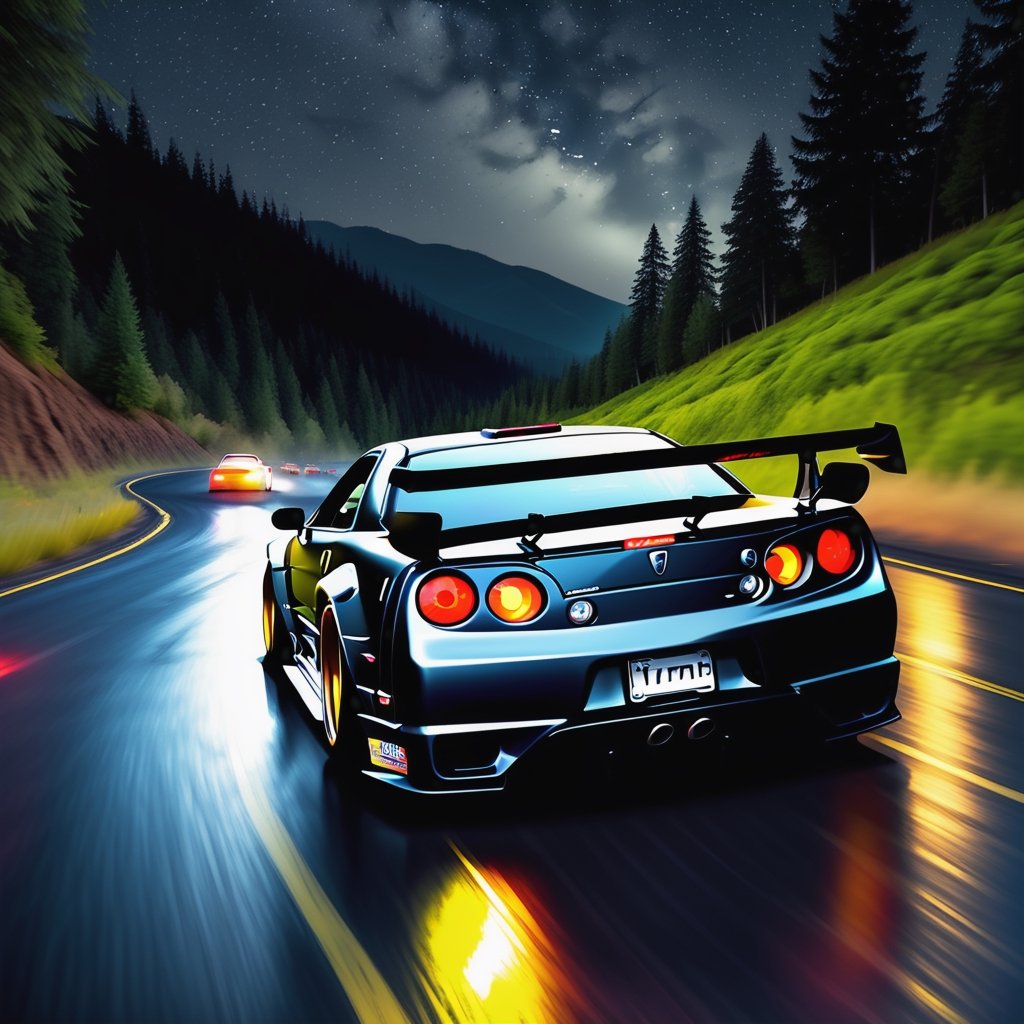 Race cars in a high speed street race (best quality,4k,8k,highres,masterpiece:1.2),ultra-detailed, ((a customized car)), ((street racer)), ((a beautiful paintjob)), ((fully detailed)), illustration, vivid colors, GTR, NSX,  Drifting, going fast, night, bright yellow headlights,setting USA Oregon's Mountain roads, No text on signs, Late night time dark skys filled with moonlight and bright stars,1 car.,Nature,modelshoot style, Fast action style, Sideways drifting in to a turn, gray and black cars,