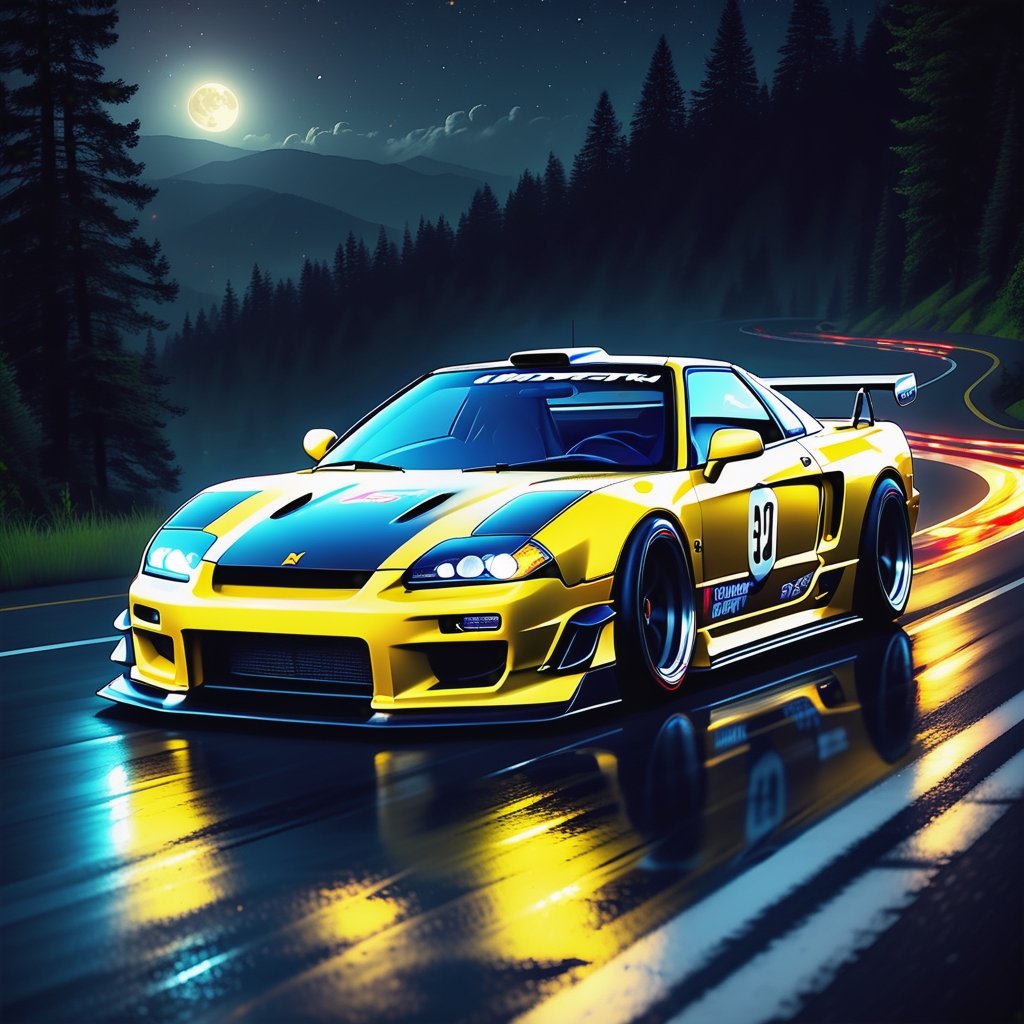 Race cars in a high speed street race (best quality,4k,8k,highres,masterpiece:1.2),ultra-detailed, ((a customized car)), ((street racer)), ((a beautiful paintjob)), ((fully detailed)), illustration, vivid colors, GTR, NSX,  Drifting, going fast, night, bright yellow headlights,setting USA Oregon's Mountain roads, No text on signs, Late night time dark skys filled with moonlight and bright stars,1 car.,Nature,modelshoot style