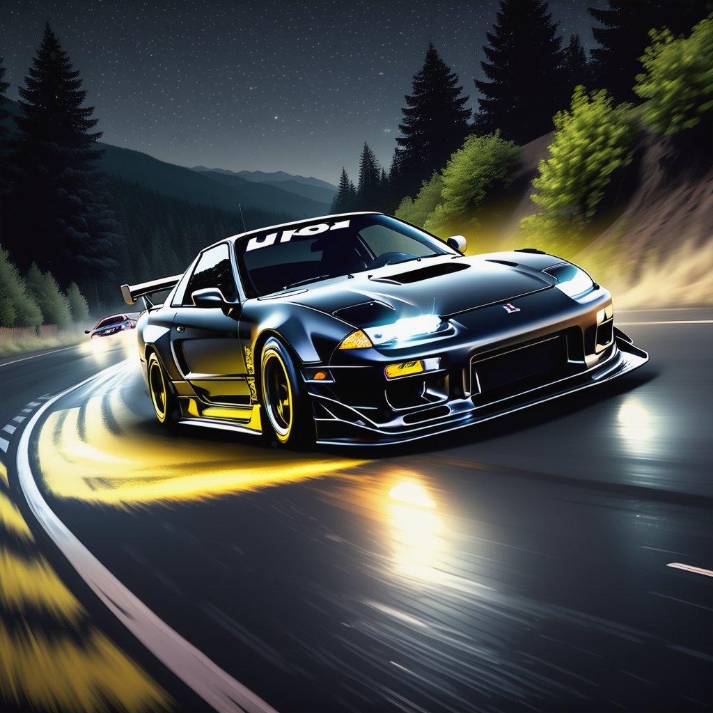 Race cars in a high speed street race (best quality,4k,8k,highres,masterpiece:1.2),ultra-detailed, ((a customized car)), ((street racer)), ((a beautiful paintjob)), ((fully detailed)), illustration, vivid colors, GTR, NSX,  Drifting, going fast, night, bright yellow headlights,setting USA Oregon's Mountain roads, No text on signs, Late night time dark skys filled with moonlight and bright stars,1 car.,Nature,modelshoot style, Fast action style, Sideways drifting in to a turn, gray and black cars,