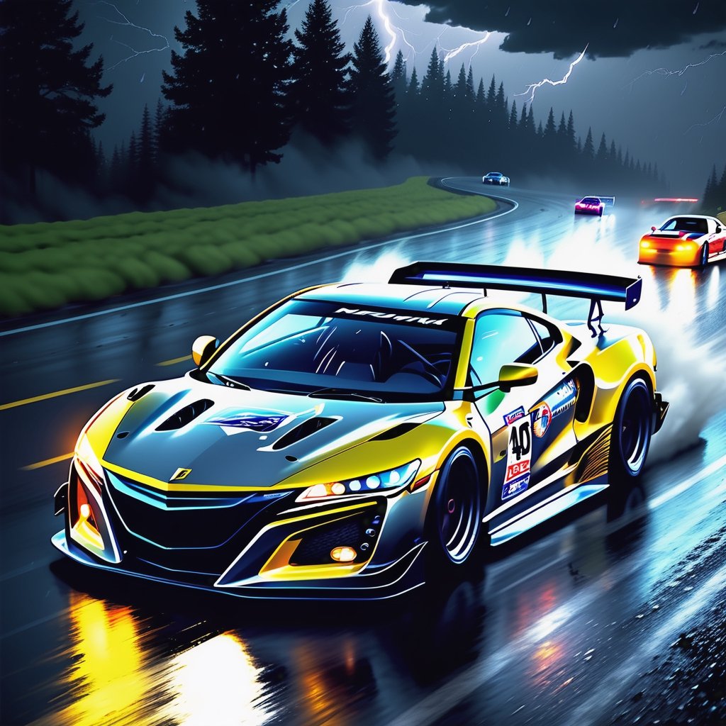 Race cars in a high speed street race (best quality,4k,8k,highres,masterpiece:1.2),ultra-detailed, ((a customized car)), ((street racer)), ((a beautiful paintjob)), ((fully detailed)), illustration, vivid colors, GTR, NSX,  Drifting, going fast, night, bright yellow headlights,setting USA Oregon's Mountain roads, No text on signs, Late night time dark skys filled with moonlight and bright stars,1 car.,Nature,modelshoot style, Fast action style, Sideways drifting in to a turn, gray and black cars, Set in a rain storm with lightning,